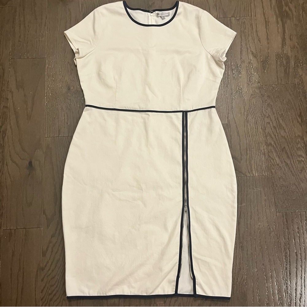 White Sheath Dress Navy Piping Contrast XL Zipper Front Slit Knee Greek Nautical